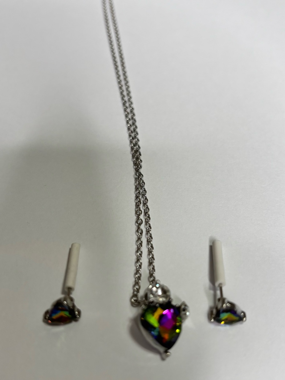 Silver Heart Pendant Necklace and Stud Earrings Set with Multicolor Crystals